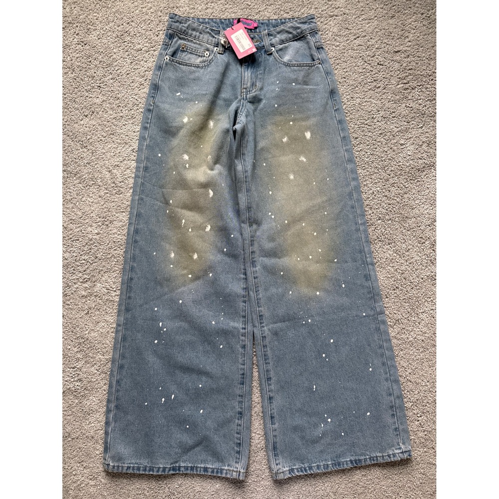 Edikted Light Blue Paint Splatter Wide Leg Baggy Jeans XS NWT Y2K Distressed